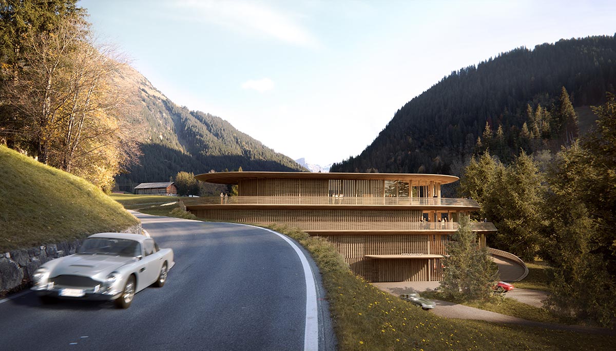 Gstaad House features a purpose-built exhibition center and private club in the Swiss Alps