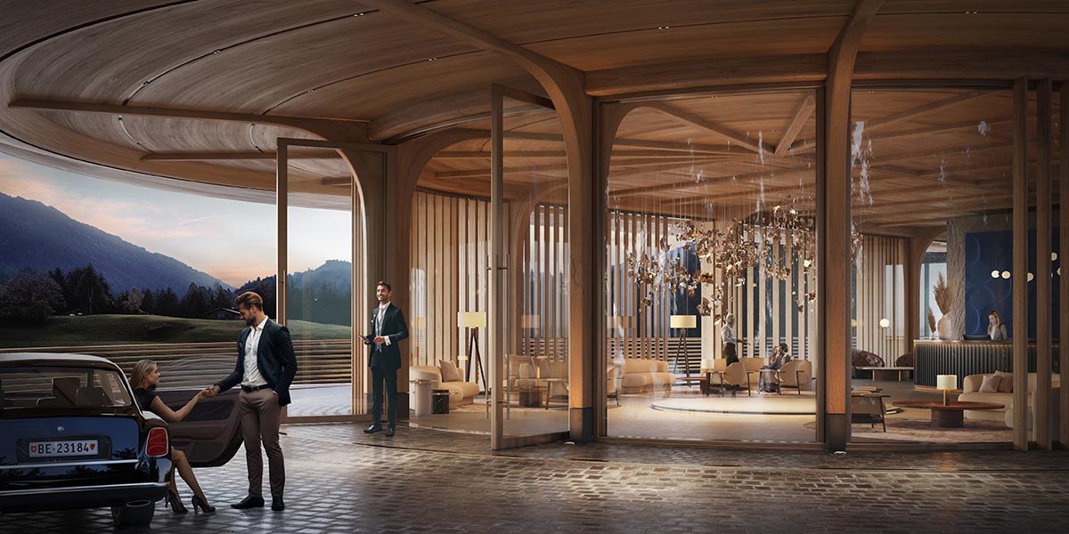 Gstaad House features a purpose-built exhibition center and private club in the Swiss Alps