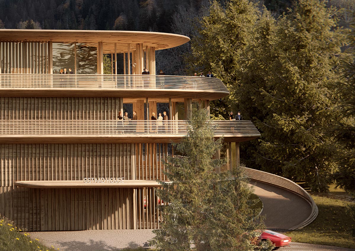 Gstaad House features a purpose-built exhibition center and private club in the Swiss Alps