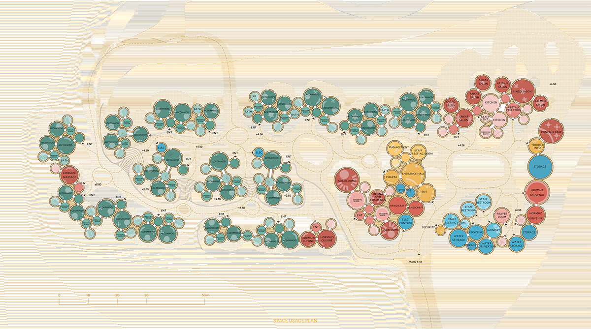 ZAV Architects built colorful-domed housing made of rammed earth and sand on Hormuz island, Iran