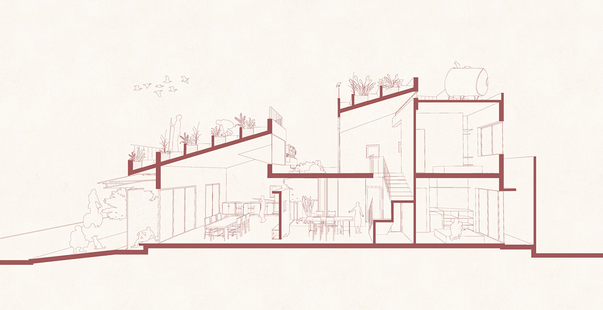 This reddish house features rooftop garden to make owners grow their own food in Vietnam