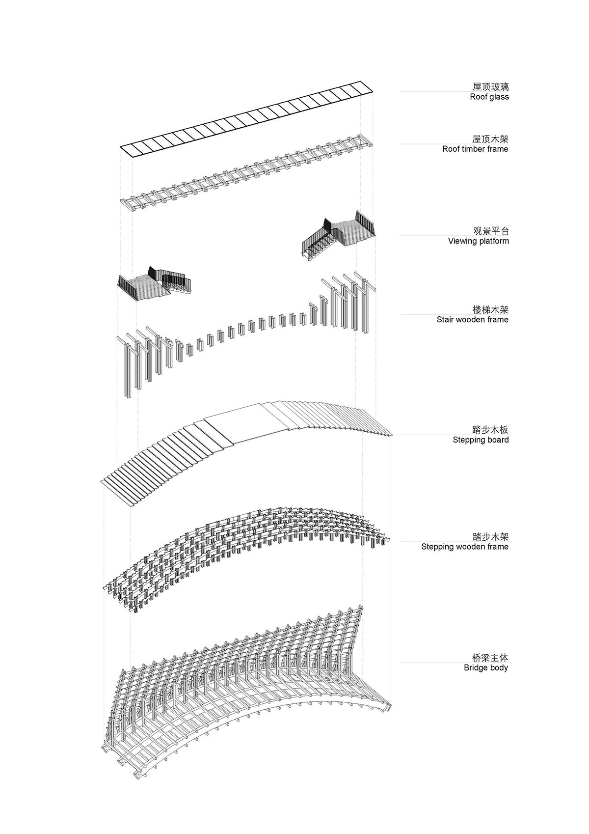 Arched timber bridge by LUO studio allows boats to pass under bridge smoothly in Gulou waterfront