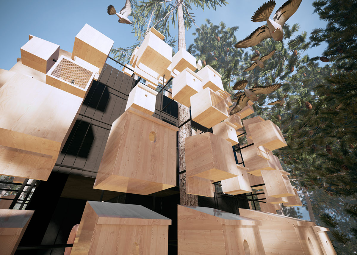 BIG encloses hotel room with 350 birdhouses in Sweden 