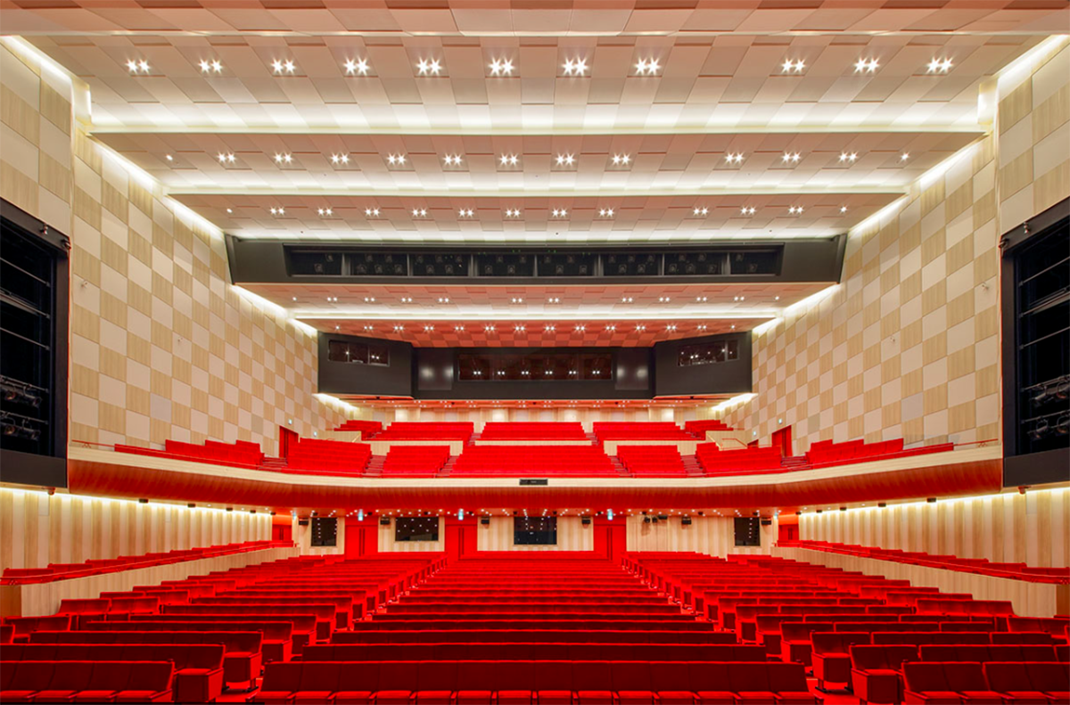 Kengo Kuma revives Japan's historic theatre with black square tiles creating motif on the façade