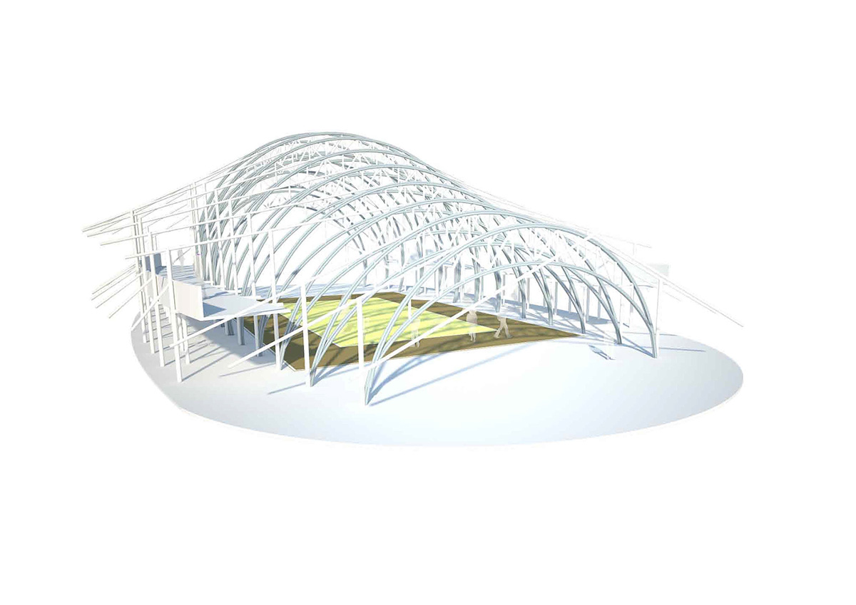 CLA used organic flowing curves with newly invented bamboo trusses for Bamboo Sports Hall in Thailand