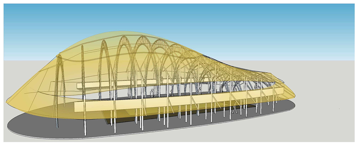 CLA used organic flowing curves with newly invented bamboo trusses for Bamboo Sports Hall in Thailand