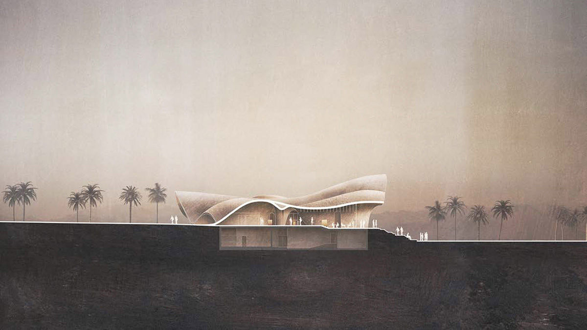 Smooth curves of a golf clubhouse by Oppenheim Architecture are derived from the natural desertscape