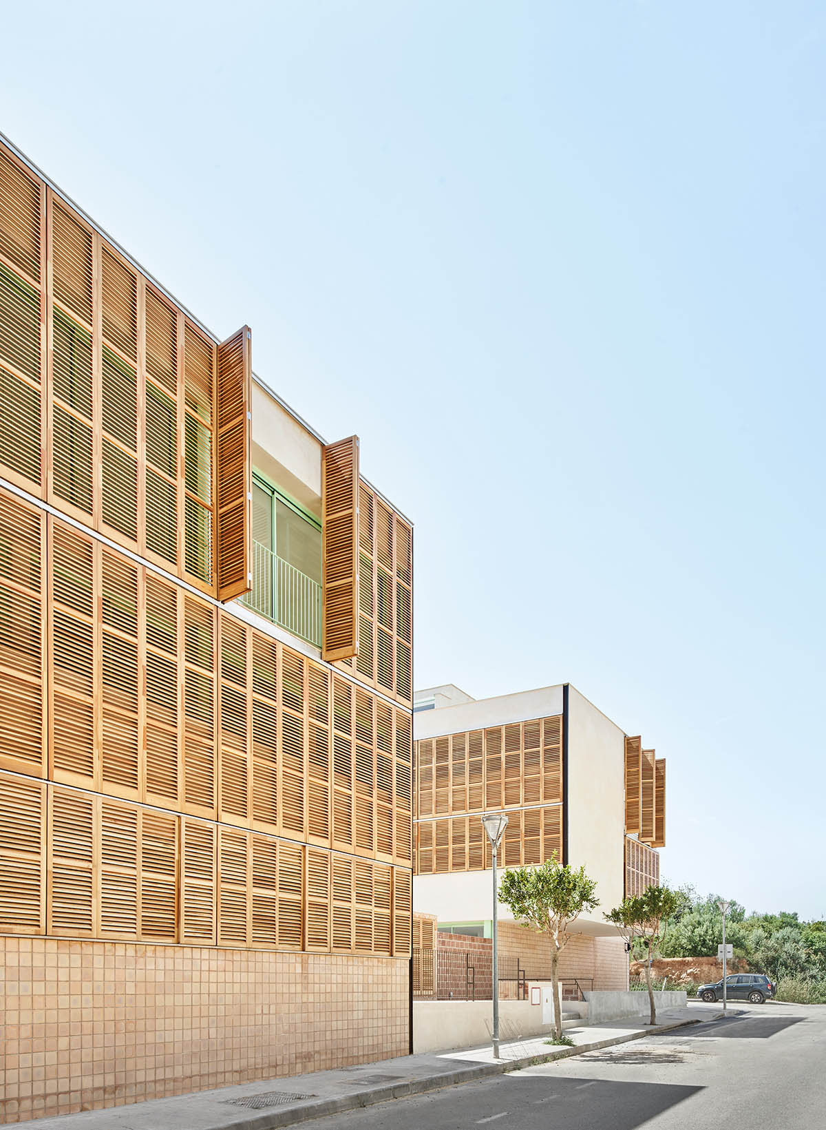 Social housing is characterized by dense wooden shutters in Inca, Spain