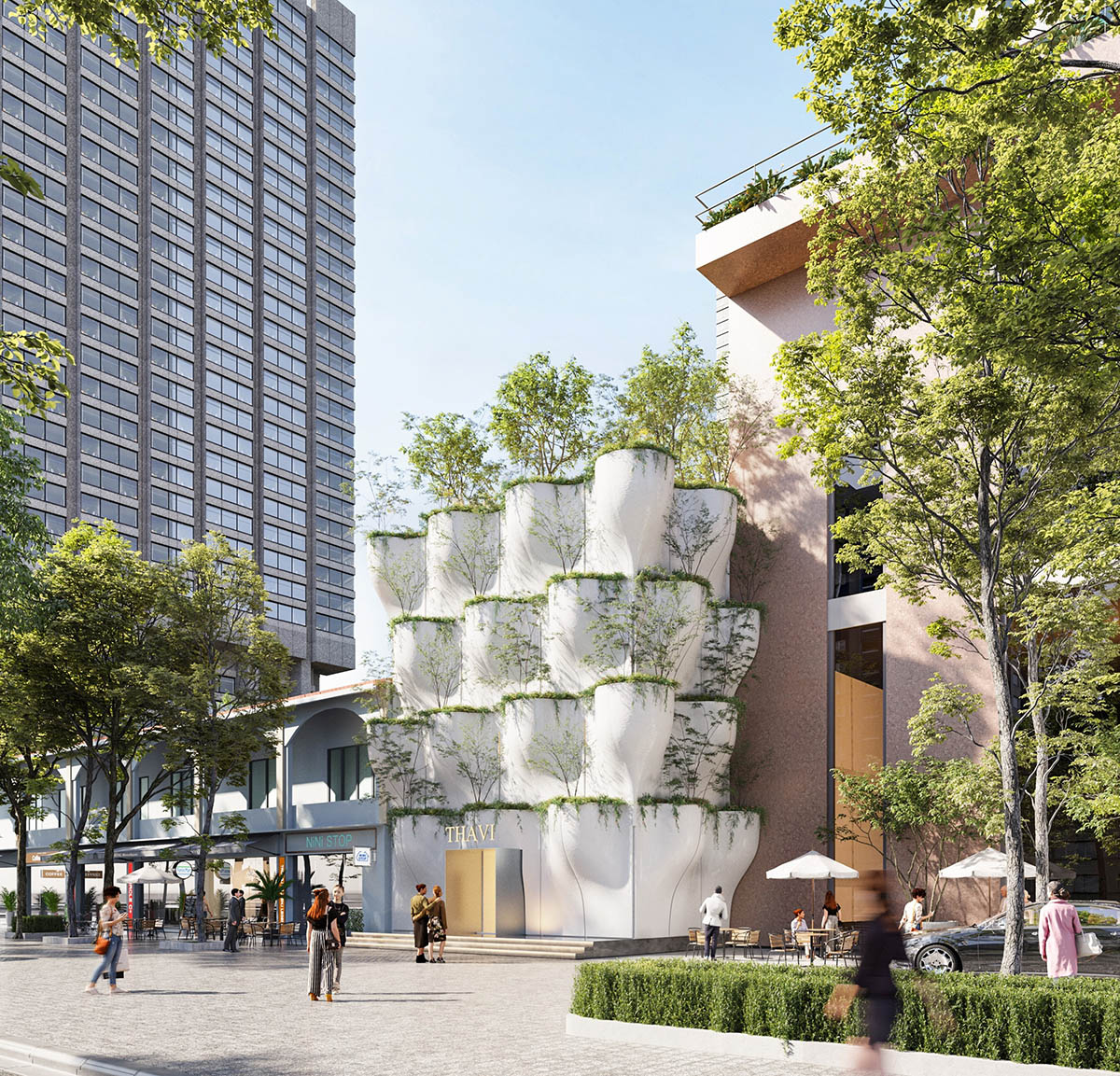 SAVA designs showroom wrapped by bulbous-formed planters on façade in Vietnam 