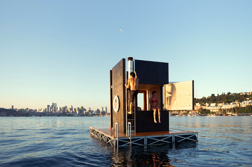 goCstudio designed floating mobile sauna overlooking at Seattle’s lakes