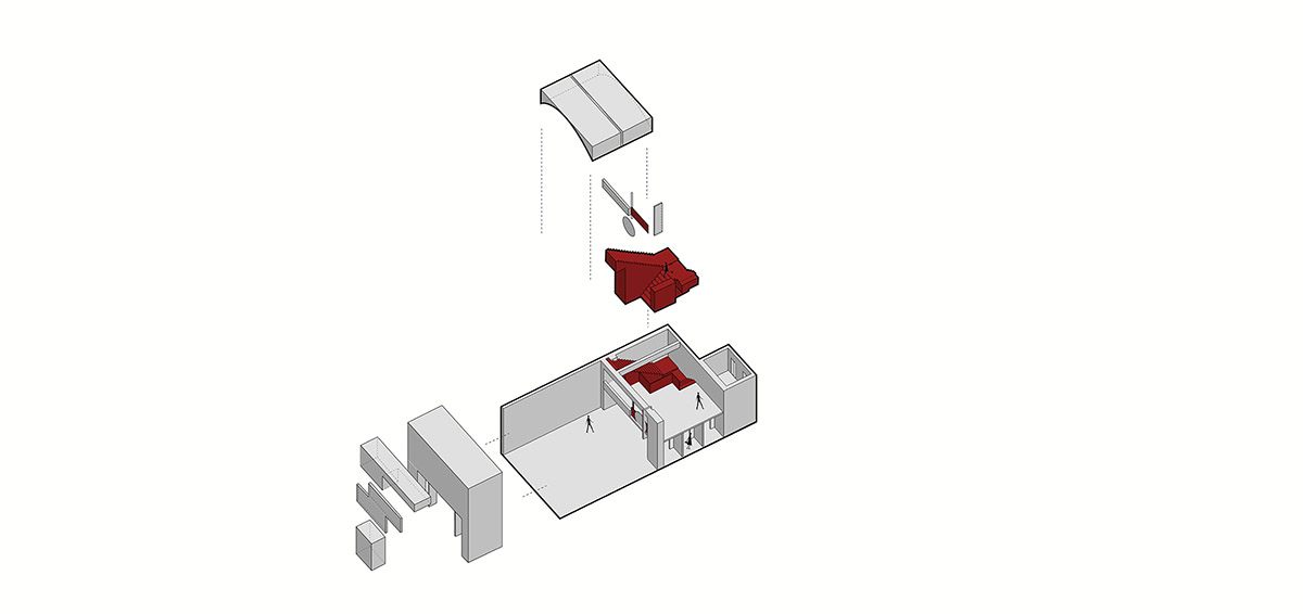 Grey and red colours combined with geometric shapes and shimmering ceiling for fashion store in China