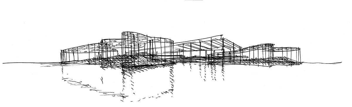 The former steelworks of a power plant are integrated with organically-shaped greenhouse pavilions