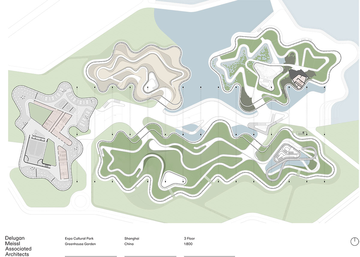 The former steelworks of a power plant are integrated with organically-shaped greenhouse pavilions