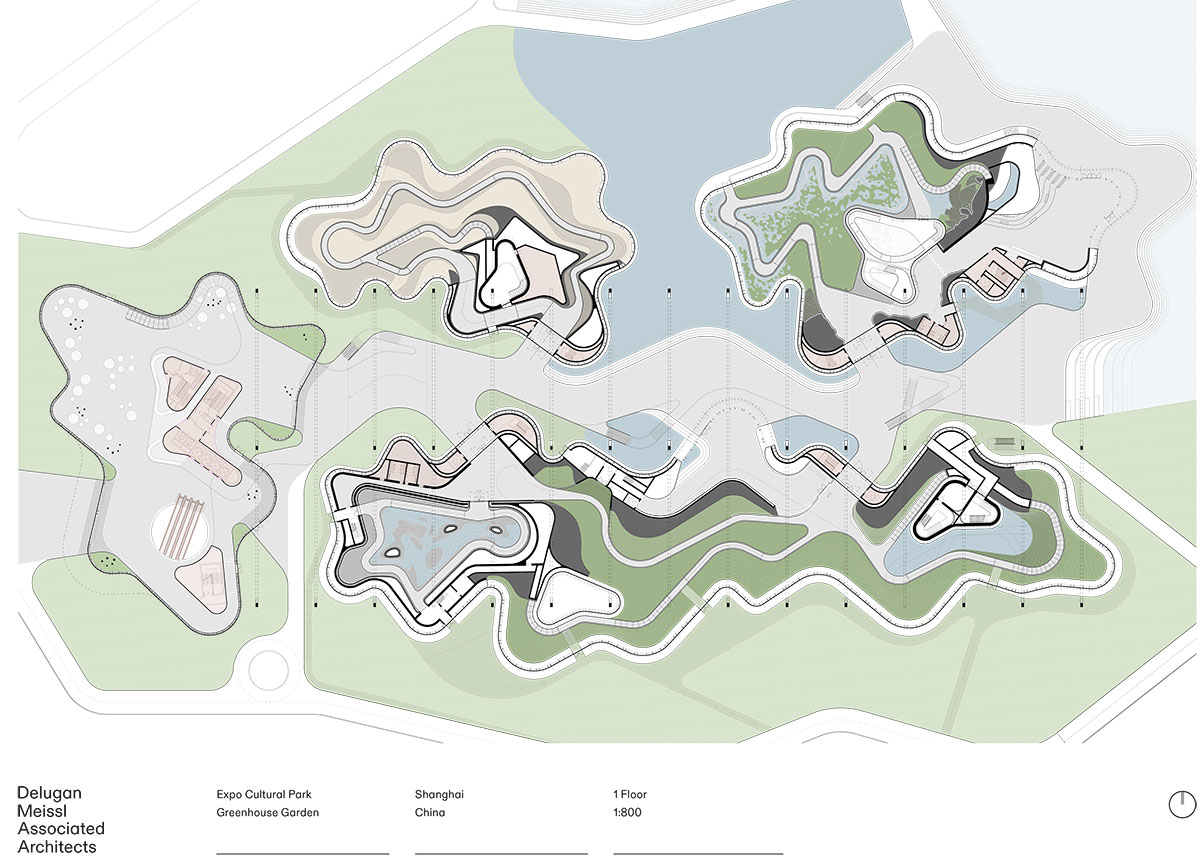 The former steelworks of a power plant are integrated with organically-shaped greenhouse pavilions
