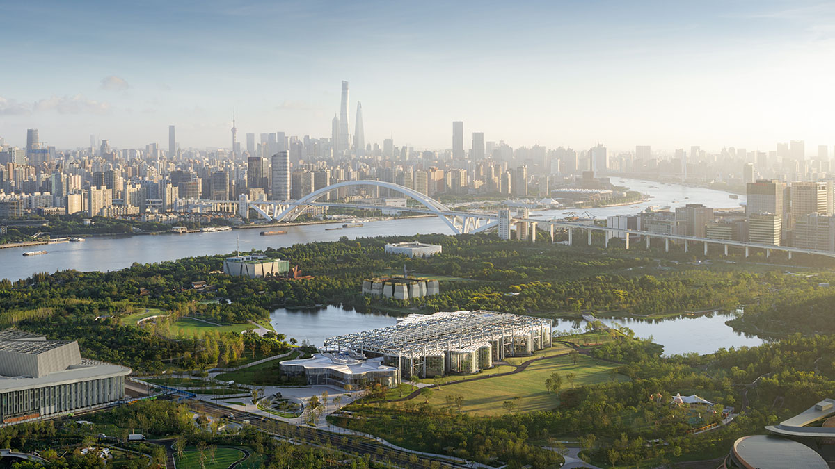 The former steelworks of a power plant are integrated with organically-shaped greenhouse pavilions