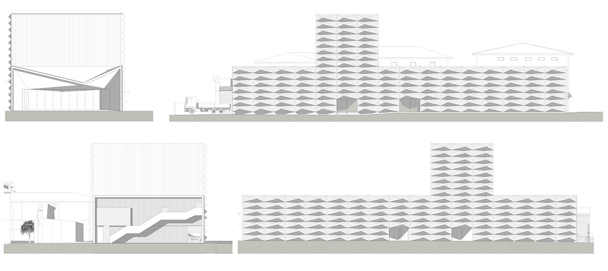 Teatro Borsoni theater is wrapped by façades that feature 3D-punctuated concrete blocks in Italy