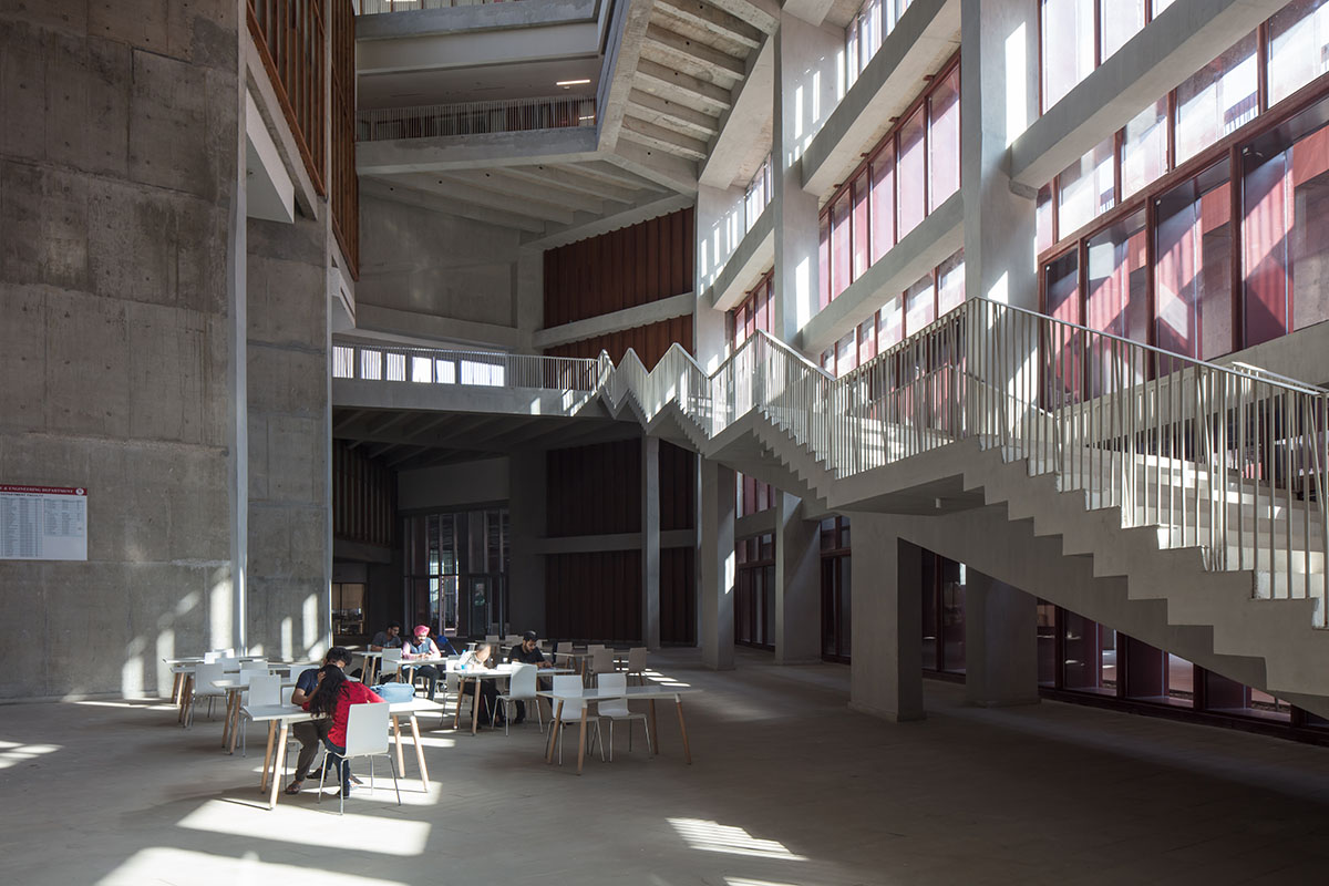 Thapar University Learning Laboratory rises with tall red Agra stone volumes in Punjab, India