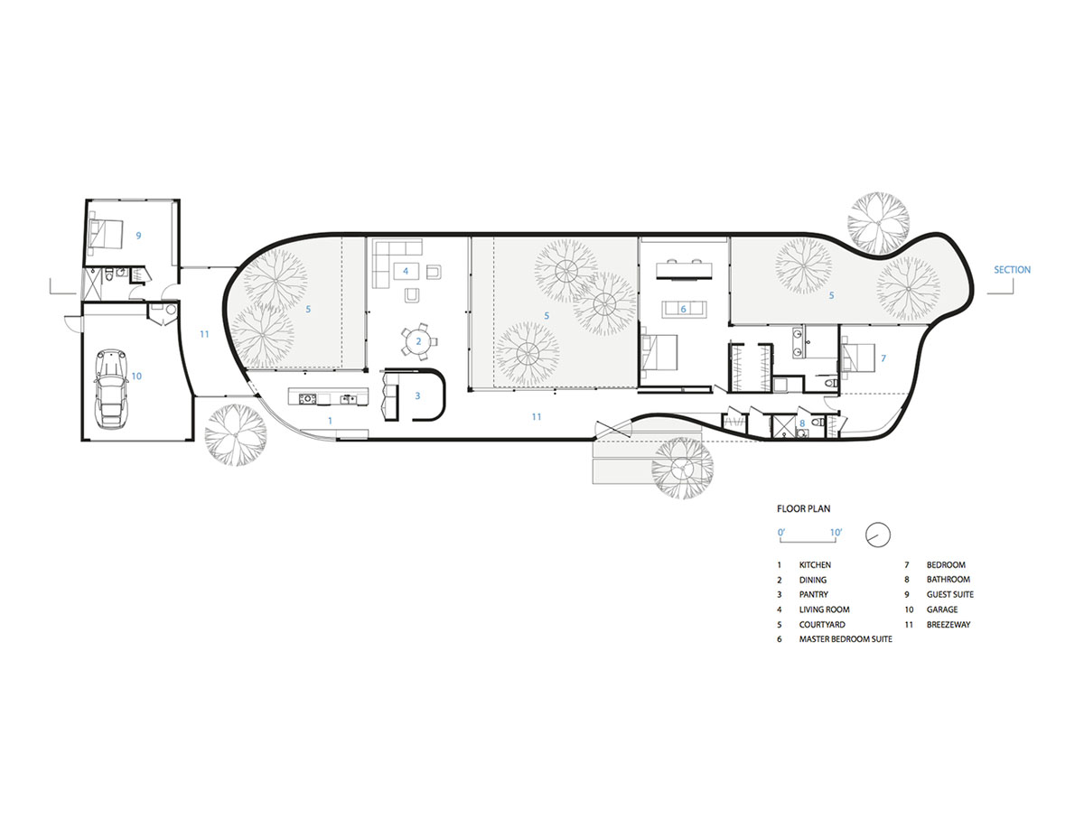 Curving wooden walls form Roofless House among trees in Atherton