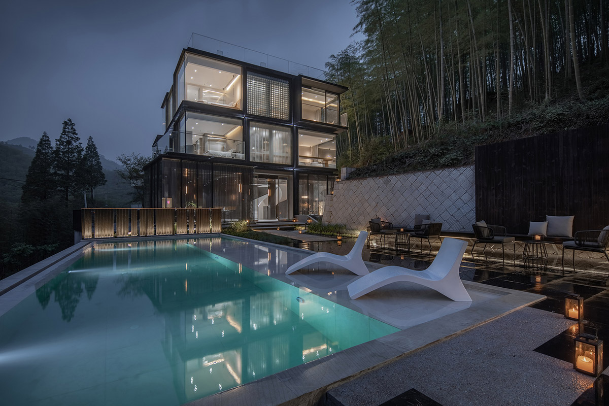 Cube Hotel, made of black skeleton, provides equal space to each room overlooking bamboo forests