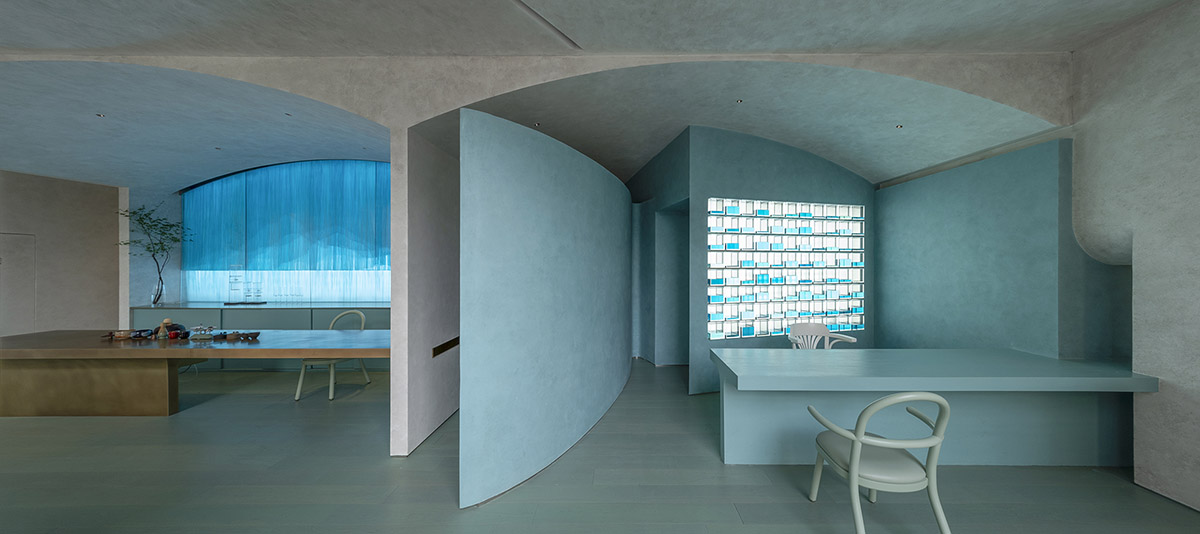 Waterfrom Design's Aqua Health Clinic features blue-toned various volumes as performative objects