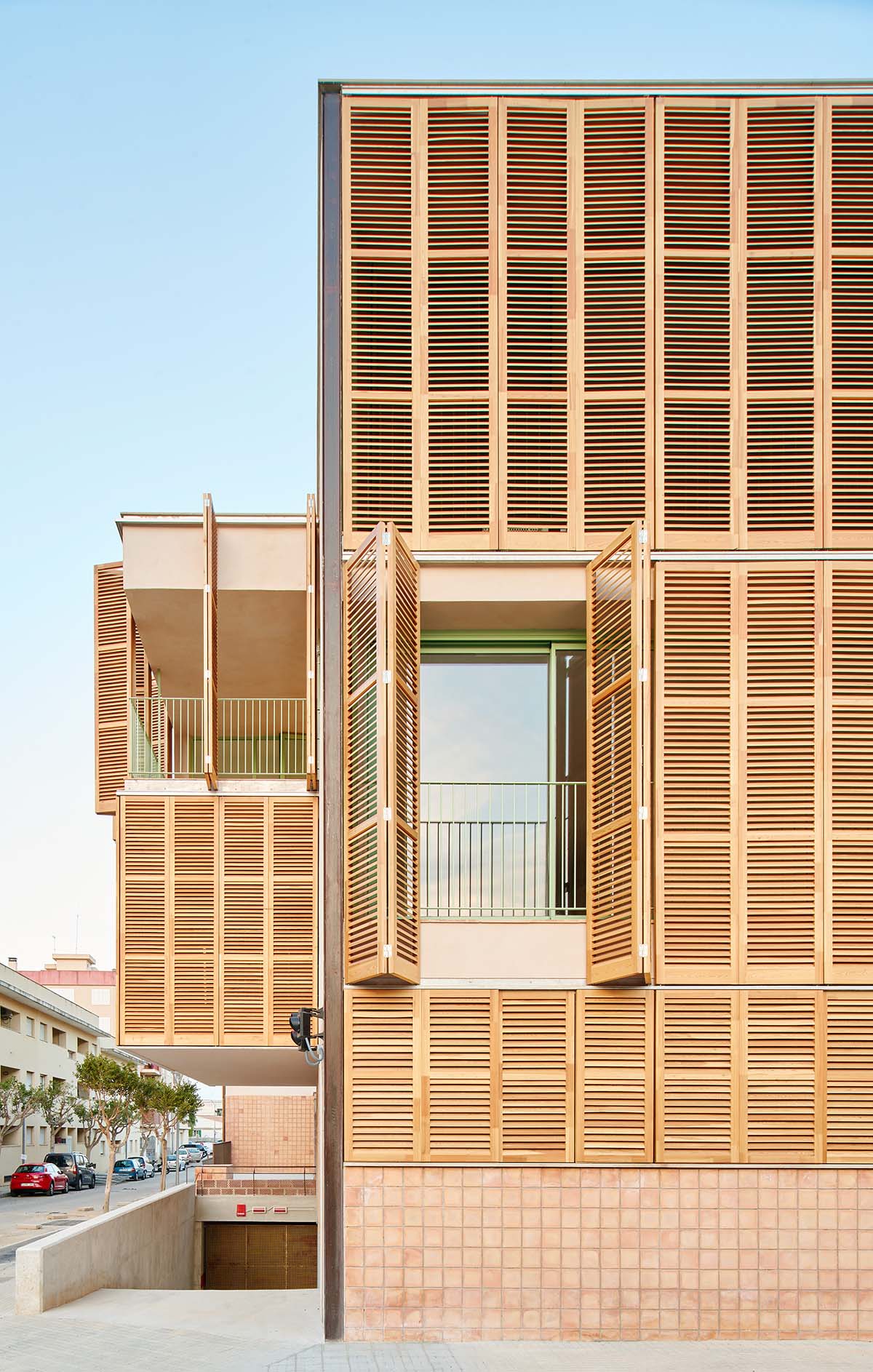 Social housing is characterized by dense wooden shutters in Inca, Spain