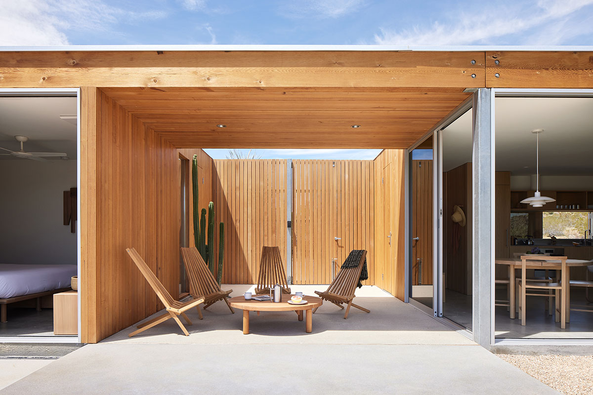 Industry of All Nations built a wooden pavilion in the rugged natural landscape of the Mojave Desert