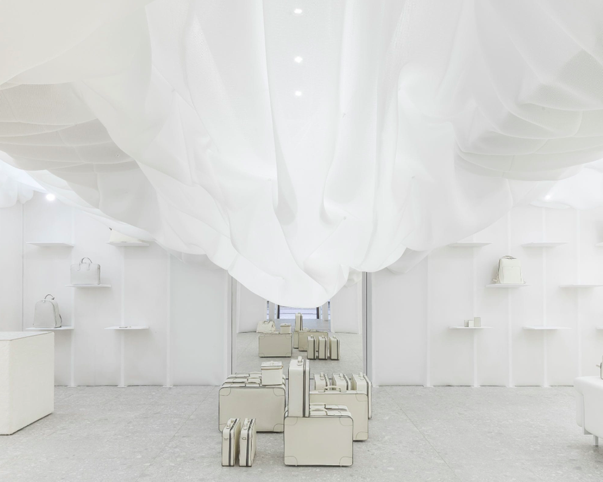 Snarkitecture created pop-up clouded-fabric for Valextra’s store in Milan