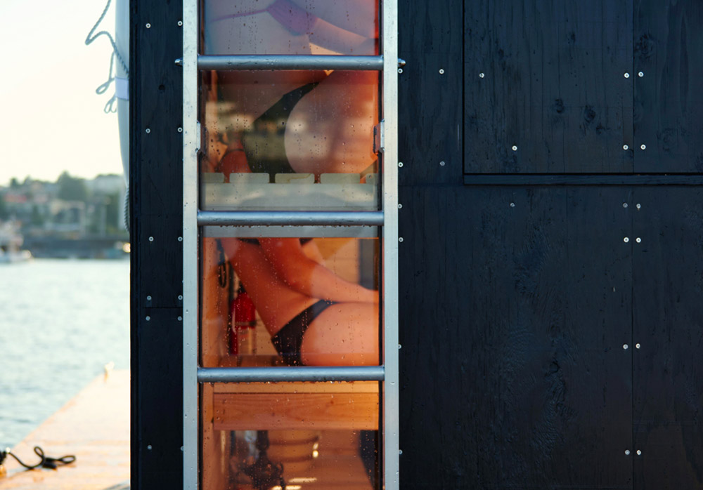 goCstudio designed floating mobile sauna overlooking at Seattle’s lakes