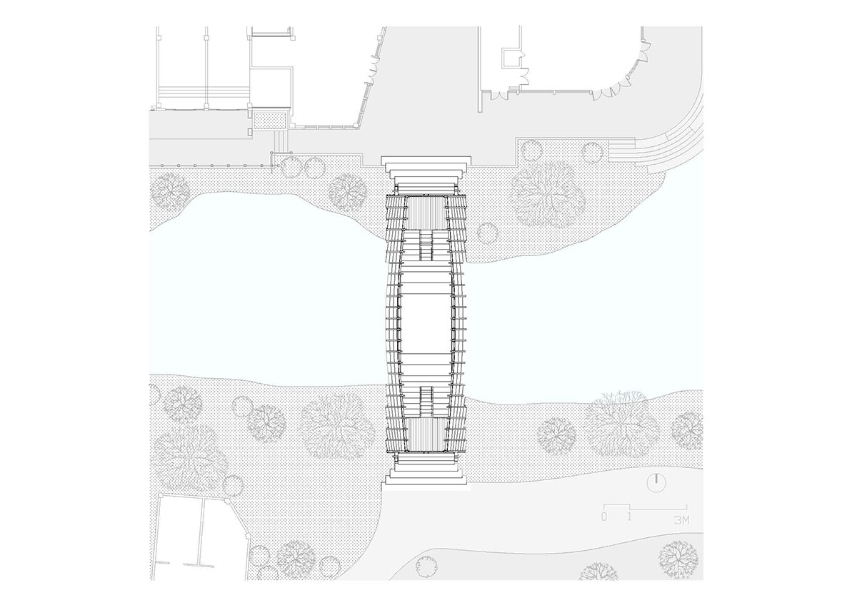 Arched timber bridge by LUO studio allows boats to pass under bridge smoothly in Gulou waterfront