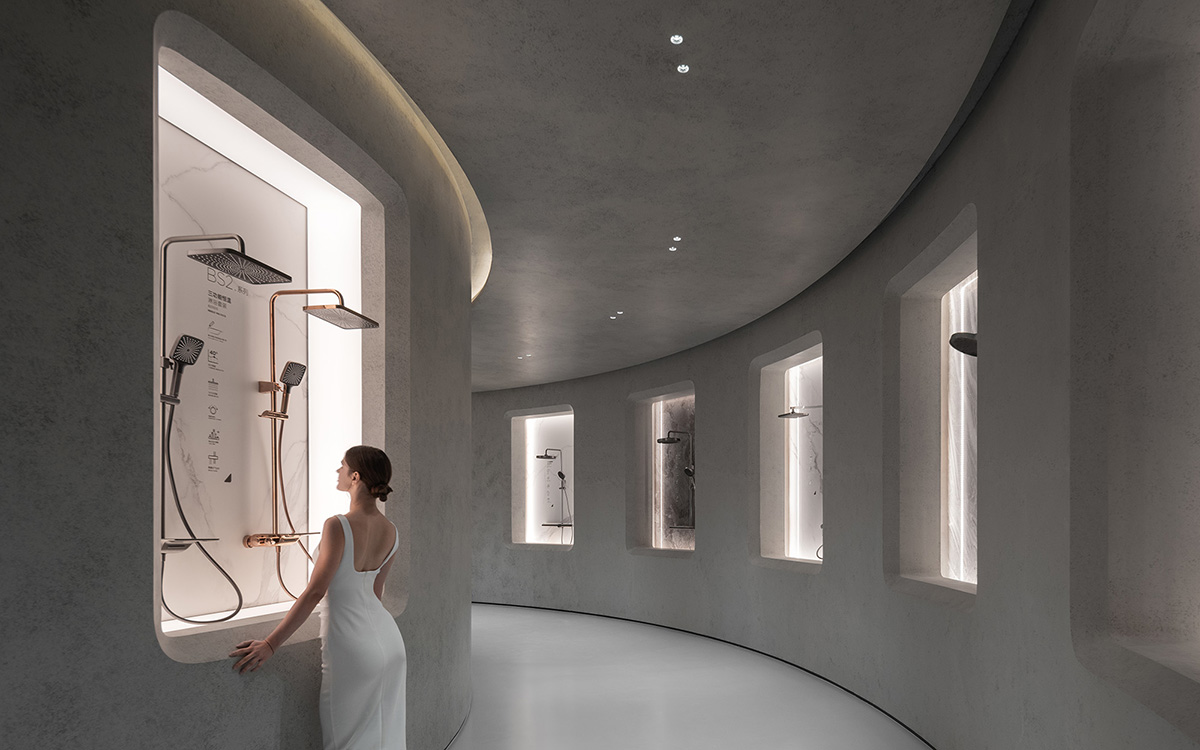 E Studio takes visitors into space travel with a flow of sculpted stainless steel for a showroom