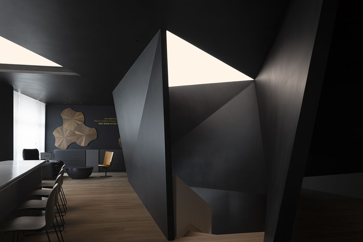 Product showroom features slanted walls creating a harmonious sense of balance in China