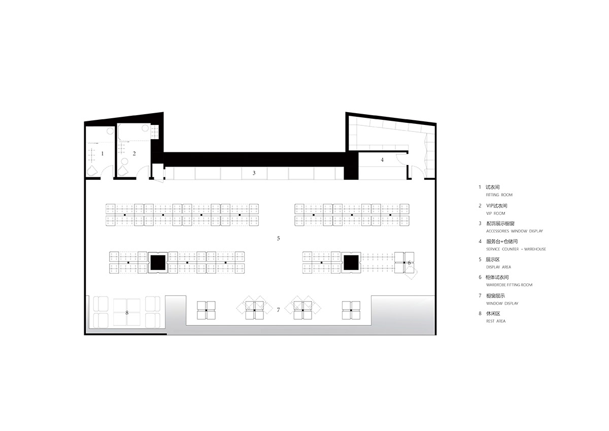 Interiors of boutique feature changeable structural systems generating different catwalk routes