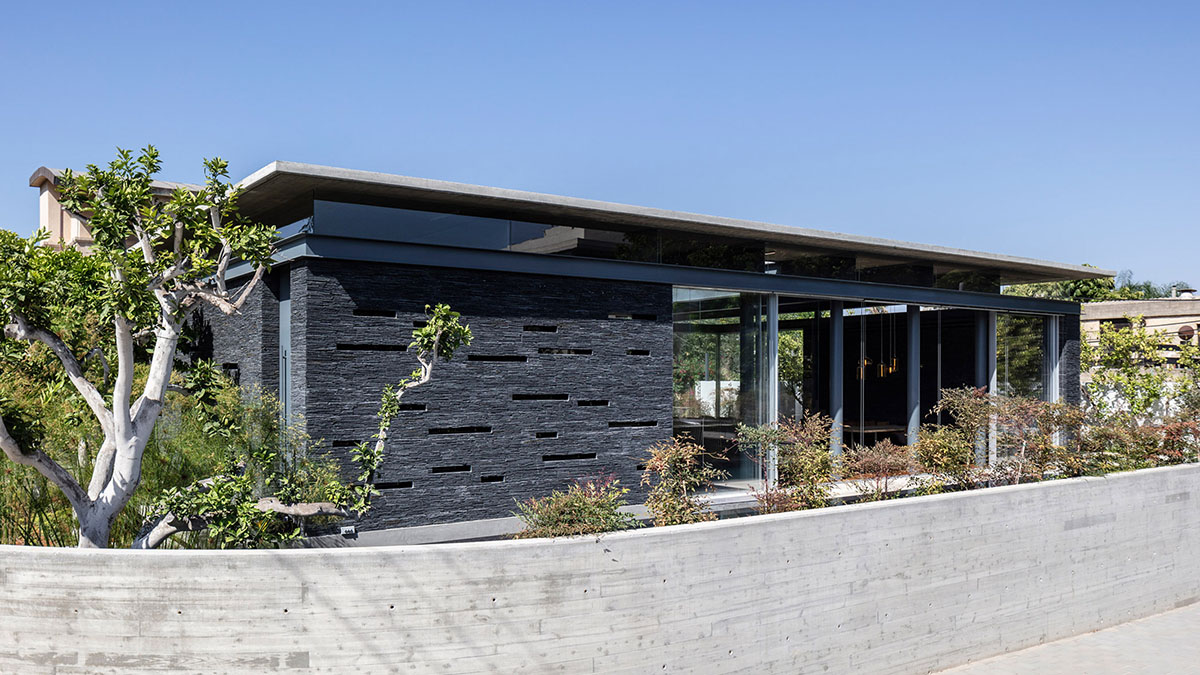Pitsou Kedem Architects' black Pavilion House is reflected onto a linear swimming pool in Israel