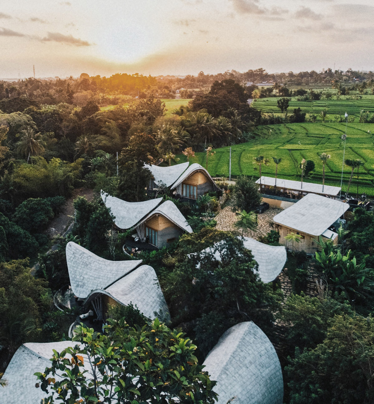 Undulating bamboo roofs wrap this wellness retreat in a lush forest of Bali