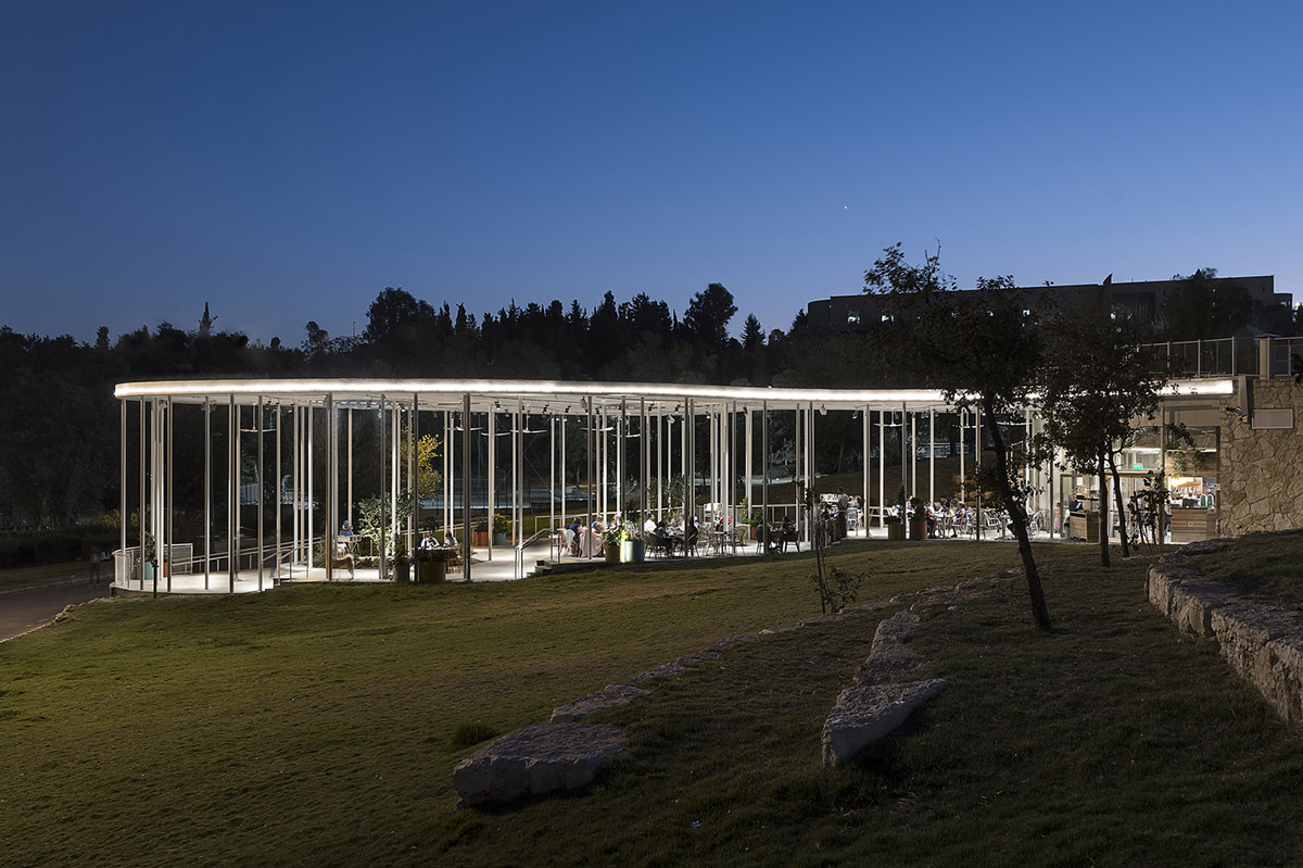 Yaniv Pardo Architects designs open coffee shop with slim columns in idyllic landscape of Jerusalem