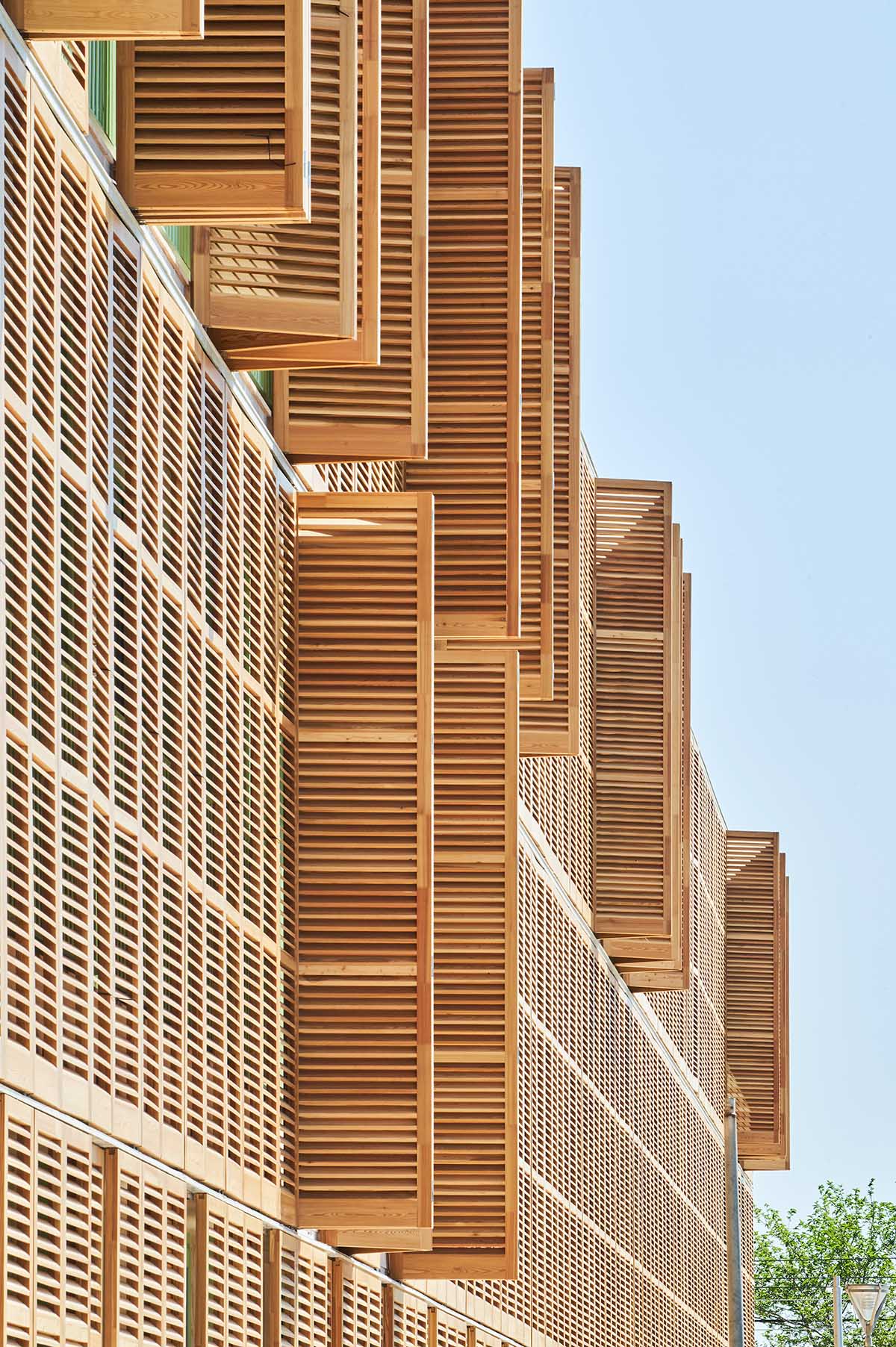 Social housing is characterized by dense wooden shutters in Inca, Spain