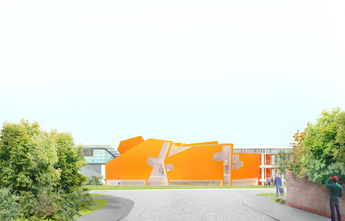 Construction begins on CRAB Studio's orange-colored Innovation Hub at Arts University Bournemouth