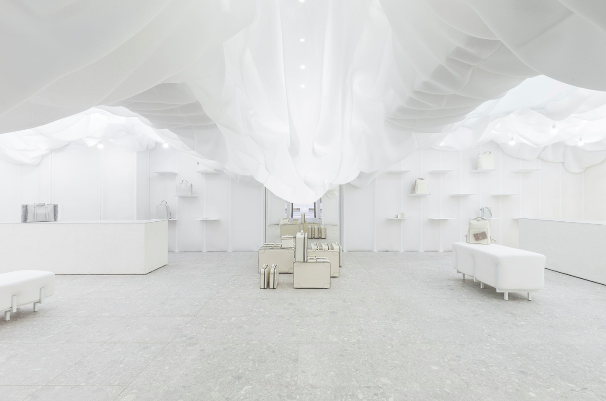 Snarkitecture created pop-up clouded-fabric for Valextra’s store in Milan