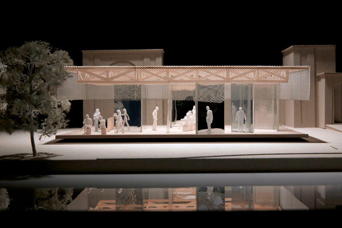 IF_DO desings Dulwich Pavilion made of multipartite timber fragments and movable mirrored screens