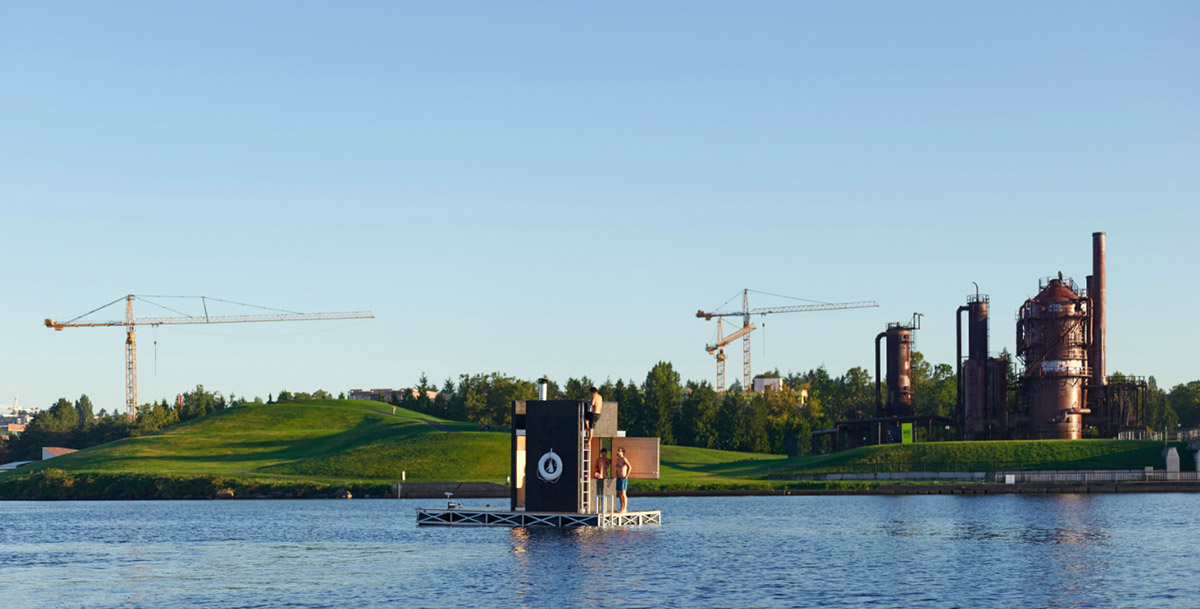 goCstudio designed floating mobile sauna overlooking at Seattle’s lakes