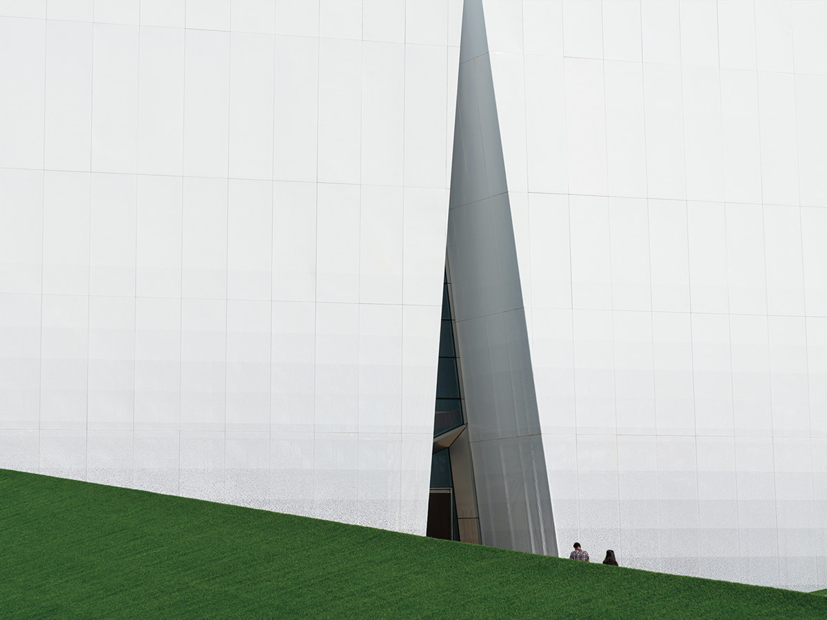 aoe built ShuiFa Info Town Property Exhibition Centre with all-white perforated volumes in China