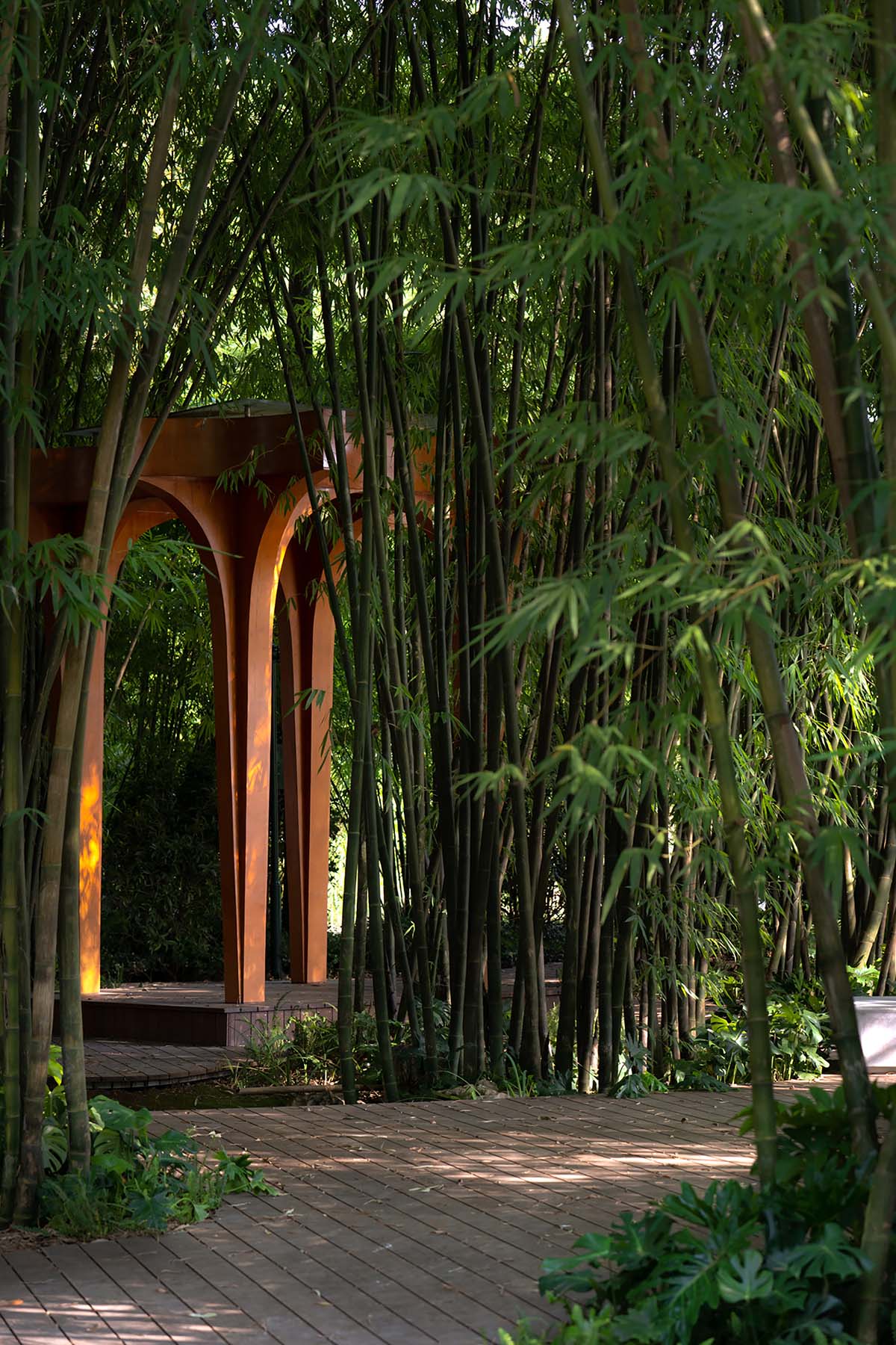 aoe designs Chinese Cultural Hall with cross-shaped arch columns nestled in a bamboo forest