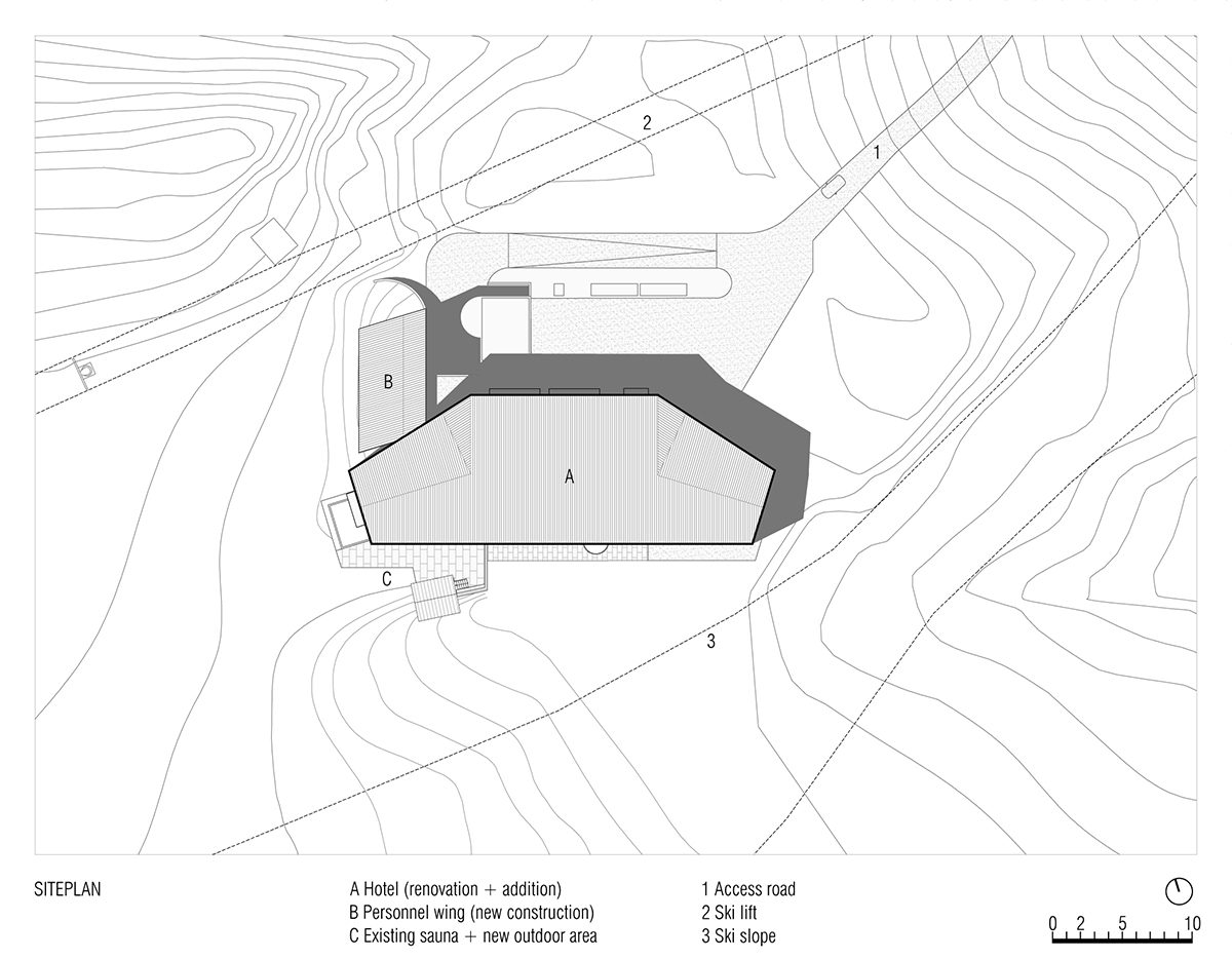 Icaro Hotel featuring wooden colonnade frames embraces alpine heritage landscape in Italy 