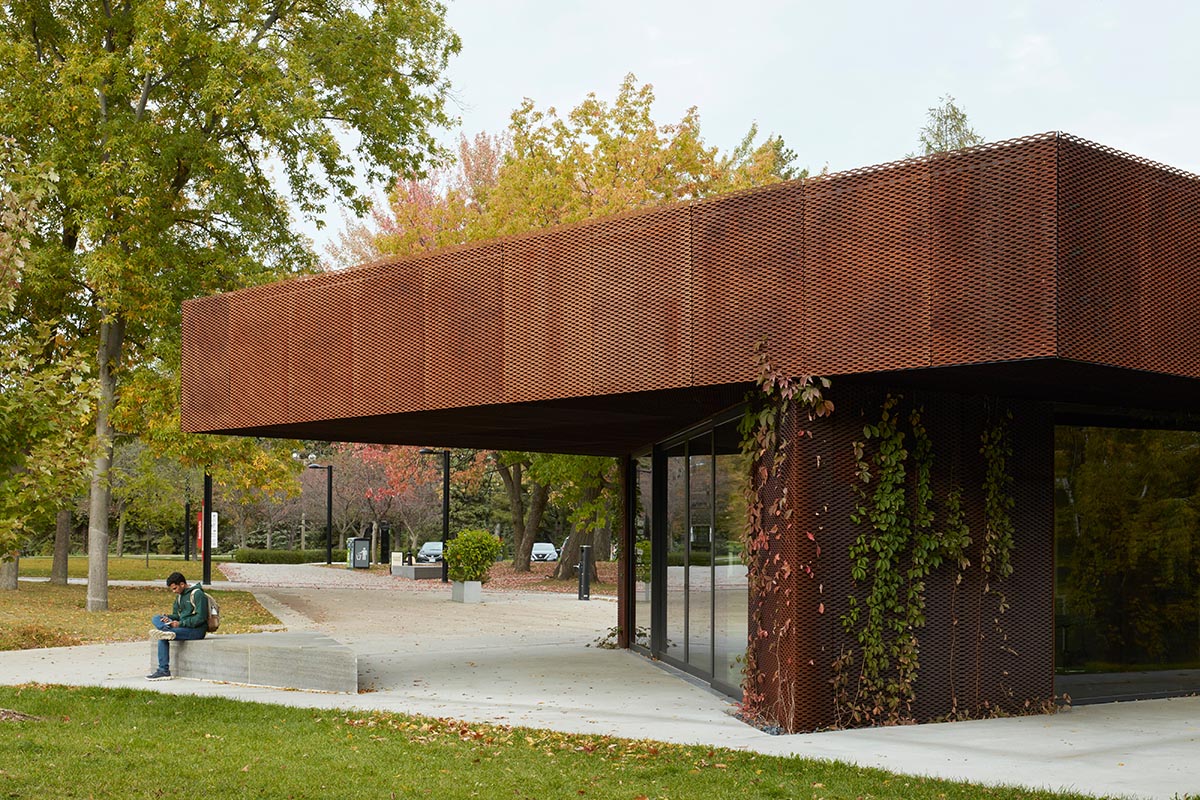 Corten steel pavilion by Pelletier de Fontenay plays with two geometries in Montreal