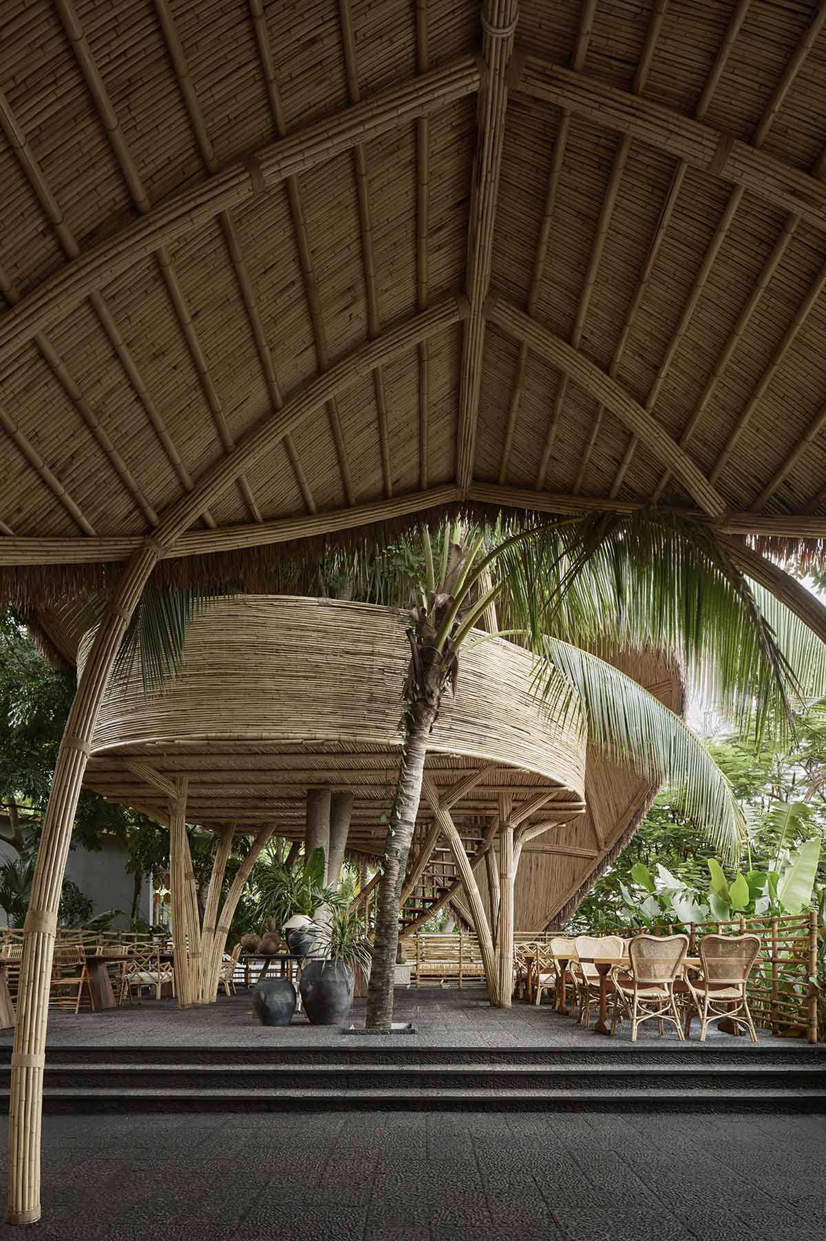 Bamboo ladder and sheds surround cafe and resturant designed by Funs Design in China 