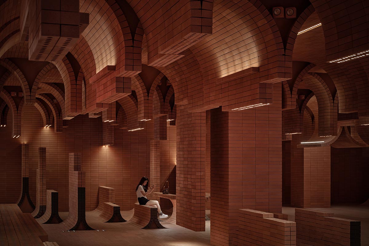 One Plus Partnership adds layered bricks to a cinema interior to resemble waves in Haikou