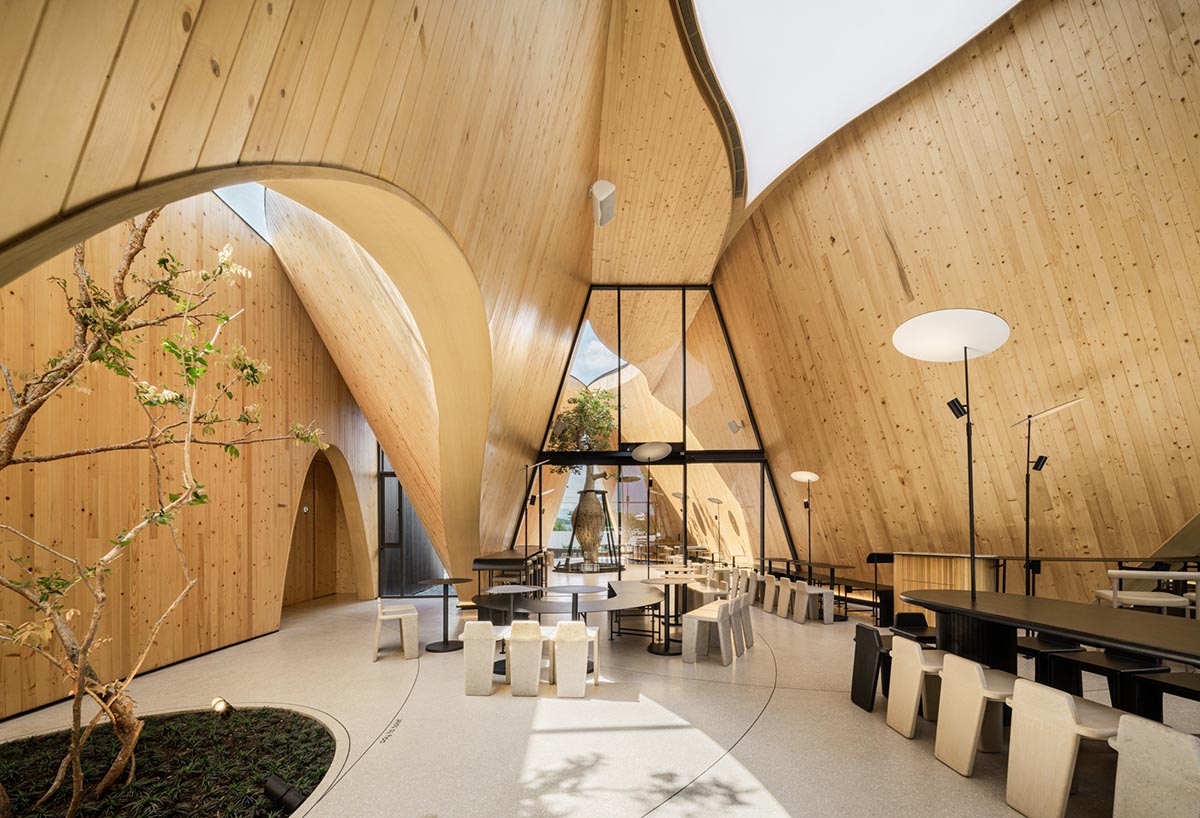 A baobab tree informs a cafe featuring three gable and fluid forms in Thailand by IDIN Architects