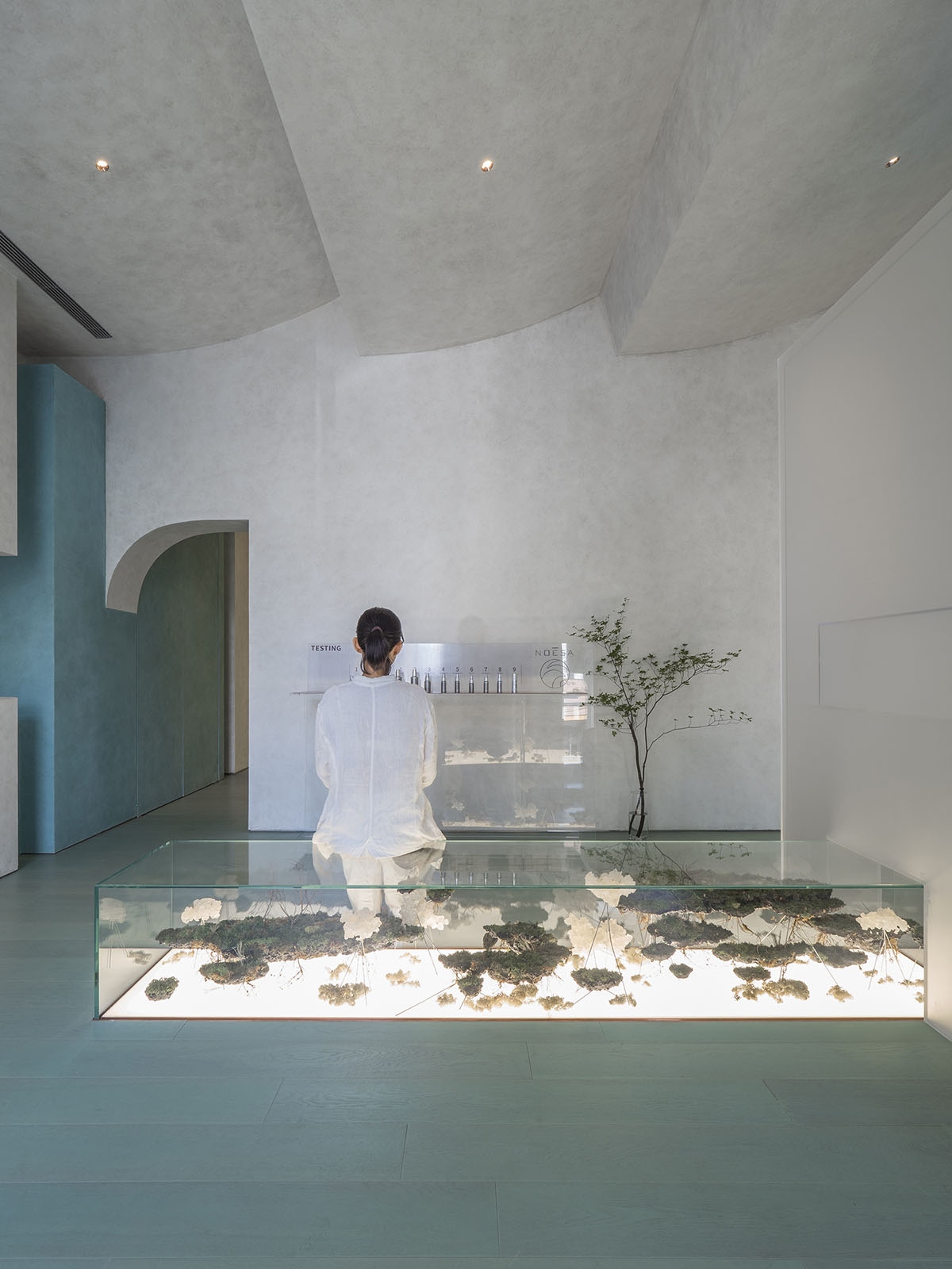 Waterfrom Design's Aqua Health Clinic features blue-toned various volumes as performative objects