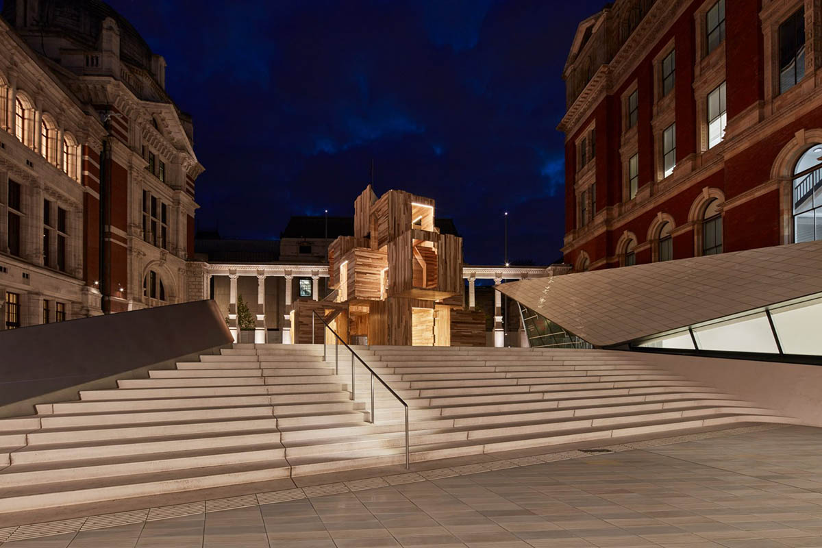 Waugh Thistleton Architects installs modular wooden maze-like sculpture at London Design Festival