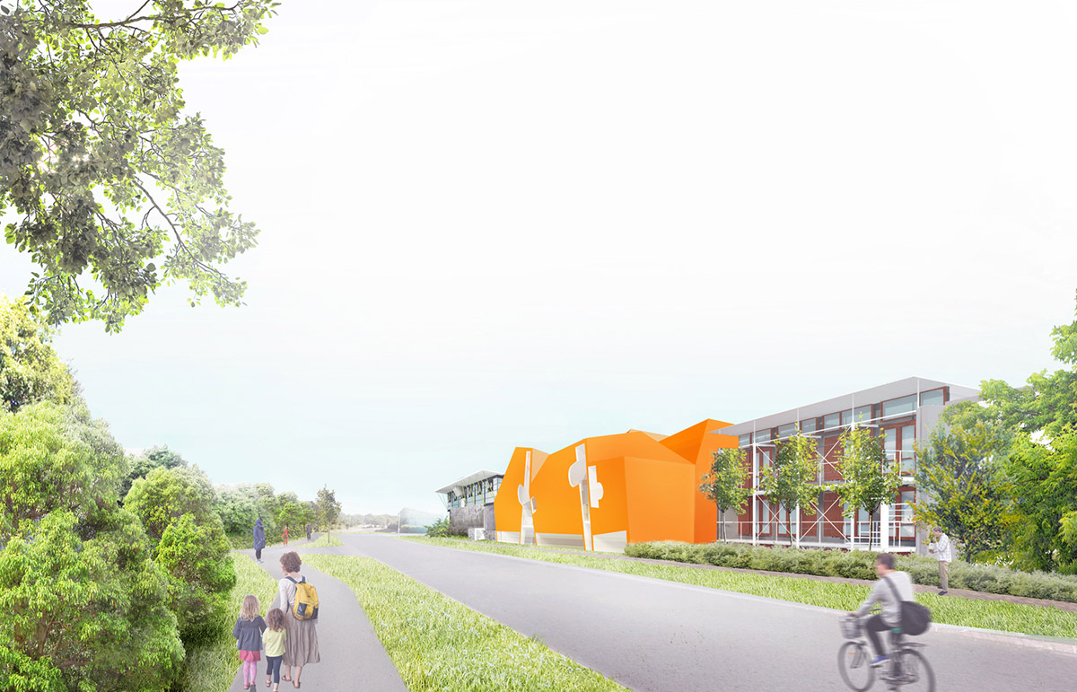 Construction begins on CRAB Studio's orange-colored Innovation Hub at Arts University Bournemouth